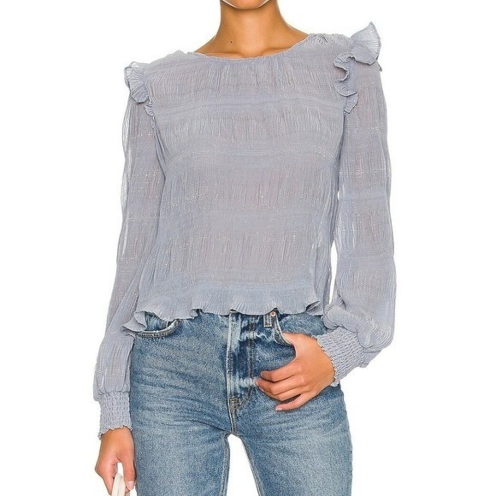 BB Dakota by Steve‎ Madden Sheer Ruffle Long Sleeve Top Blue Metallic Sparkle M